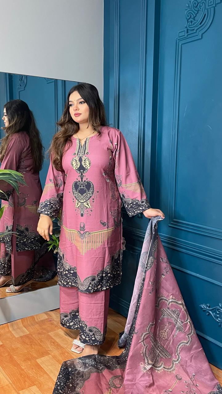 Orchid Premium Silk 3pcs with Texture Dupatta - Image 2