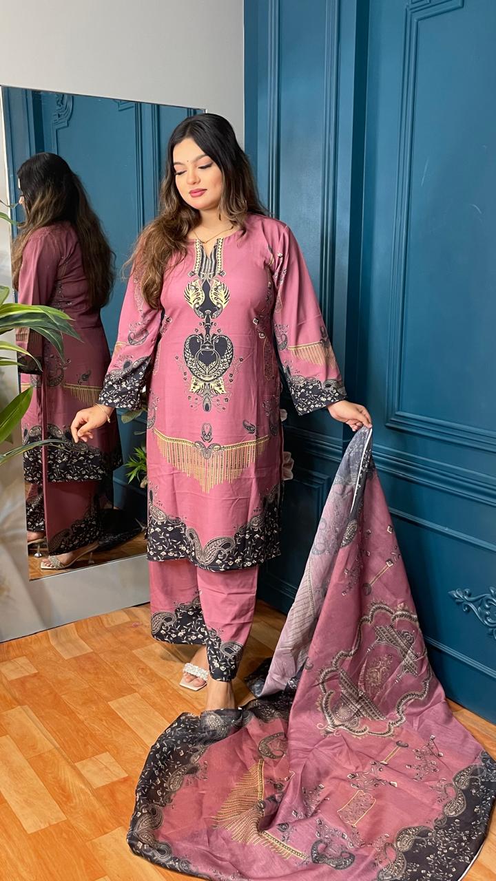 Orchid Premium Silk 3pcs with Texture Dupatta - Image 4