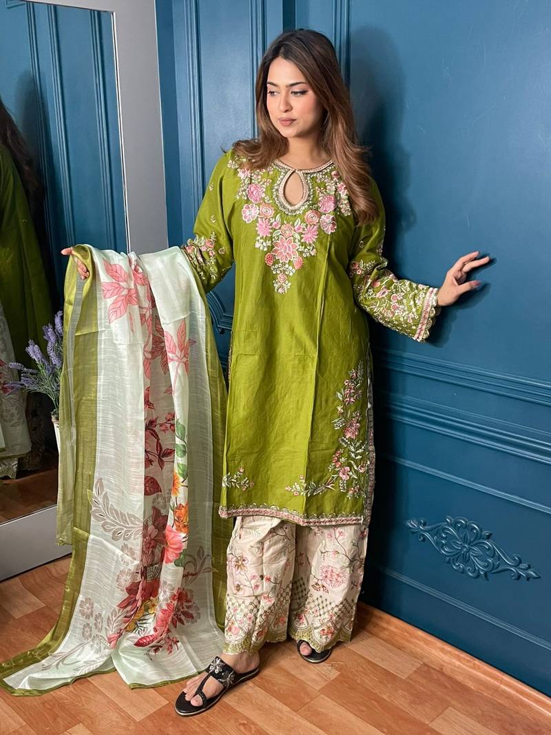 PAKISTANI INSPIRED OLIVE VIBRANT COTTON 3PCS