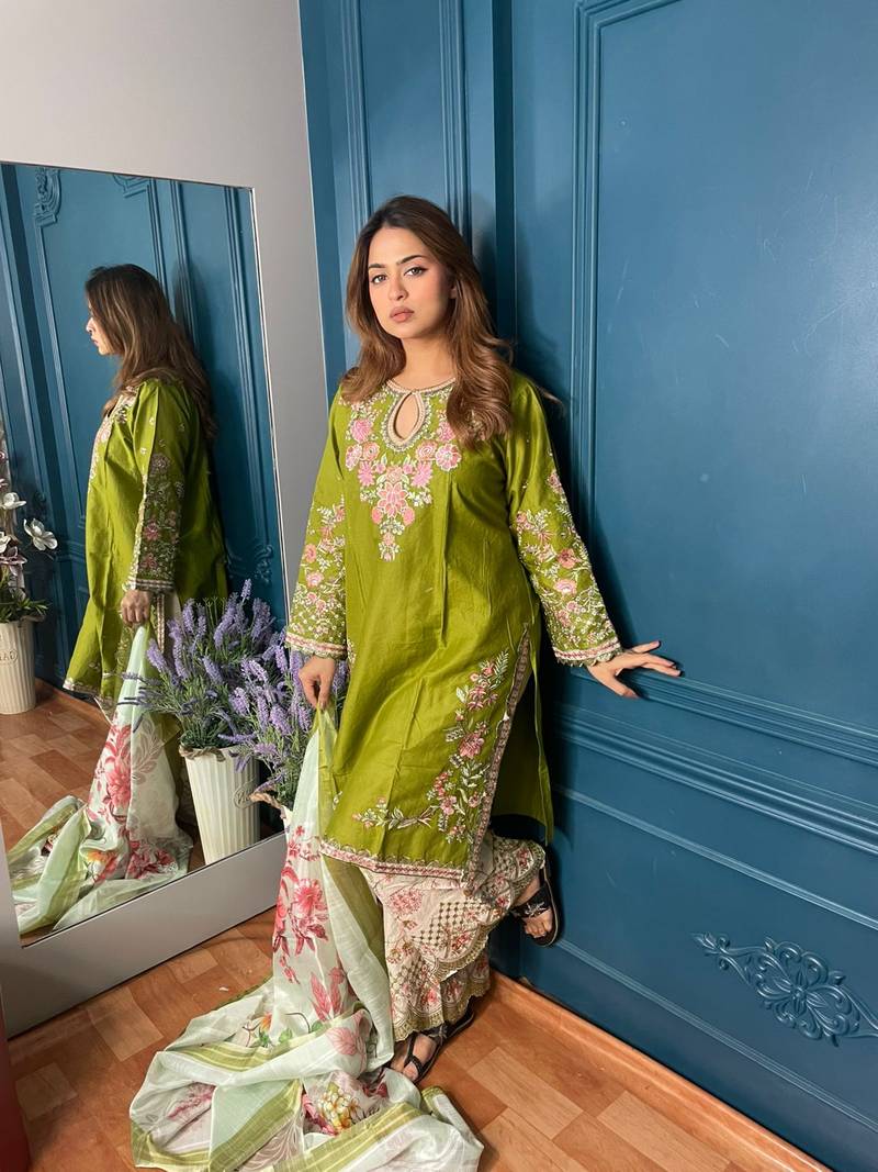 PAKISTANI INSPIRED OLIVE VIBRANT COTTON 3PCS - Image 2